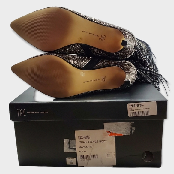 INC Ishani Bling Rhinostones Beaded Fringe Pointed Toe Knee-High Tall Boots Blac - Picture 6 of 12